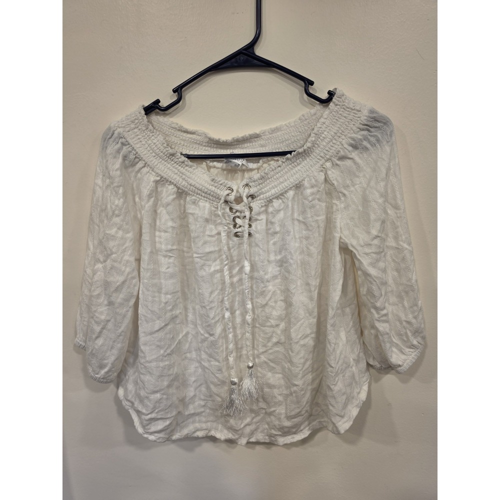 LASCANA for VENUS White Peasant Blouse Off Shoulder Lace Up Boho Top Size M